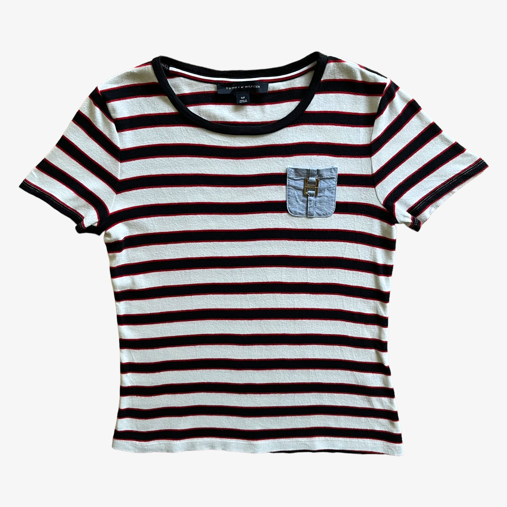 Vintage Y2K Womens Tommy Hilfiger Navy, Red And White Striped Top With Denim Pocket - Casspios Dream