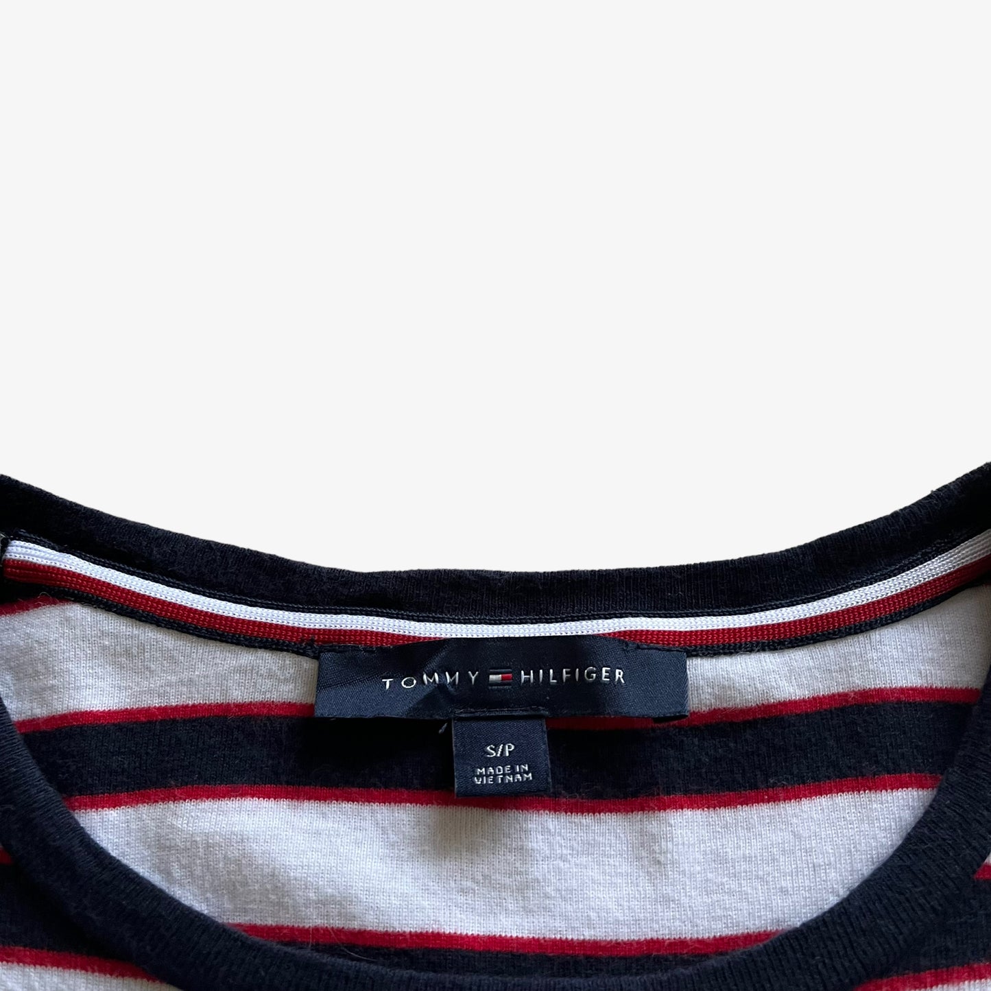 Vintage Y2K Womens Tommy Hilfiger Navy, Red And White Striped Top With Denim Pocket Label - Casspios Dream