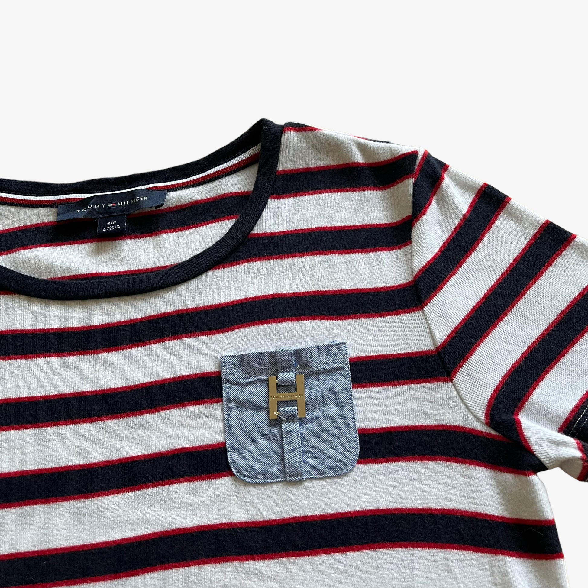 Vintage Y2K Womens Tommy Hilfiger Navy, Red And White Striped Top With Denim Pocket Logo - Casspios Dream