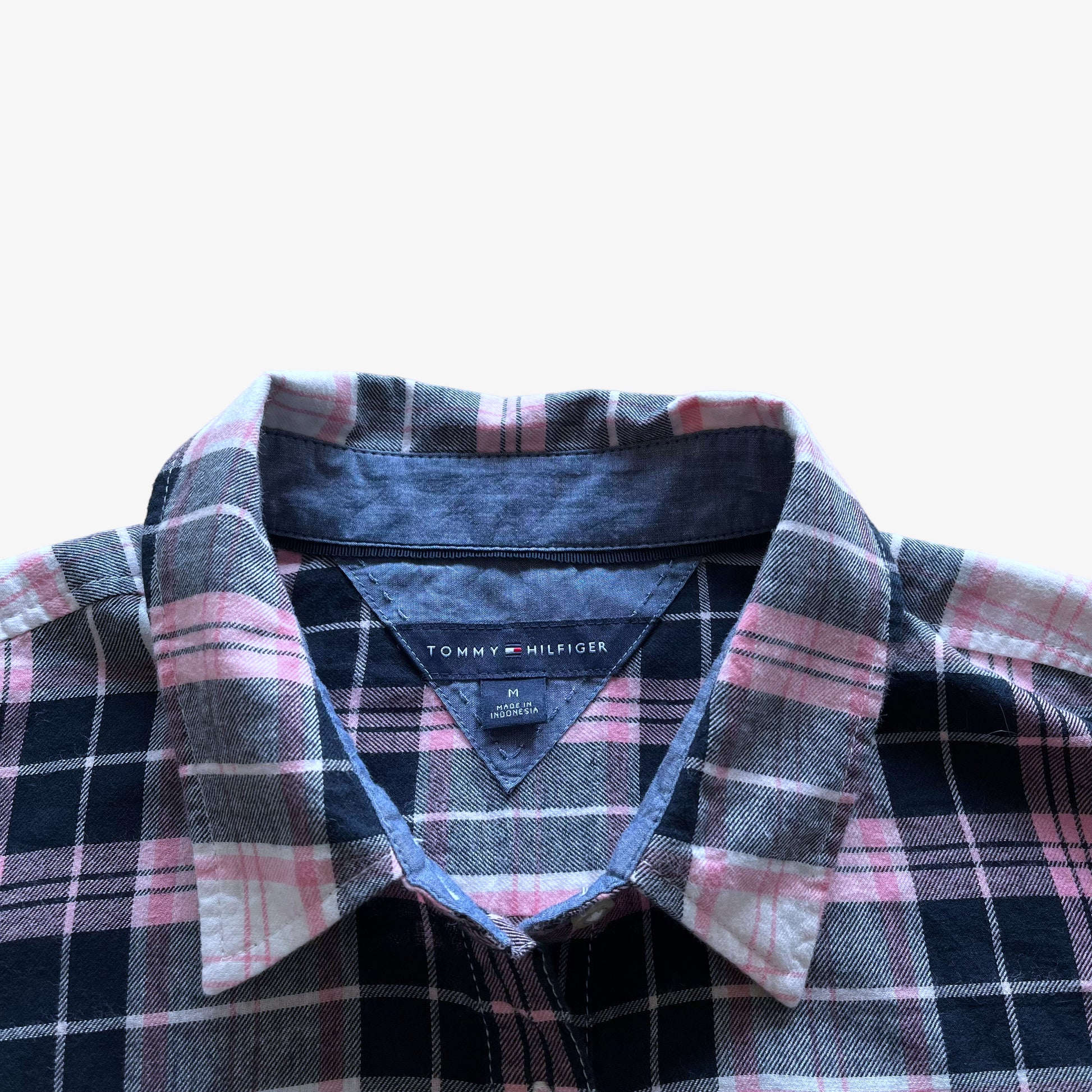 Vintage Y2K Womens Tommy Hilfiger Pink And Navy Tartan Check Long Sleeve Half Button Shirt Label - Casspios Dream