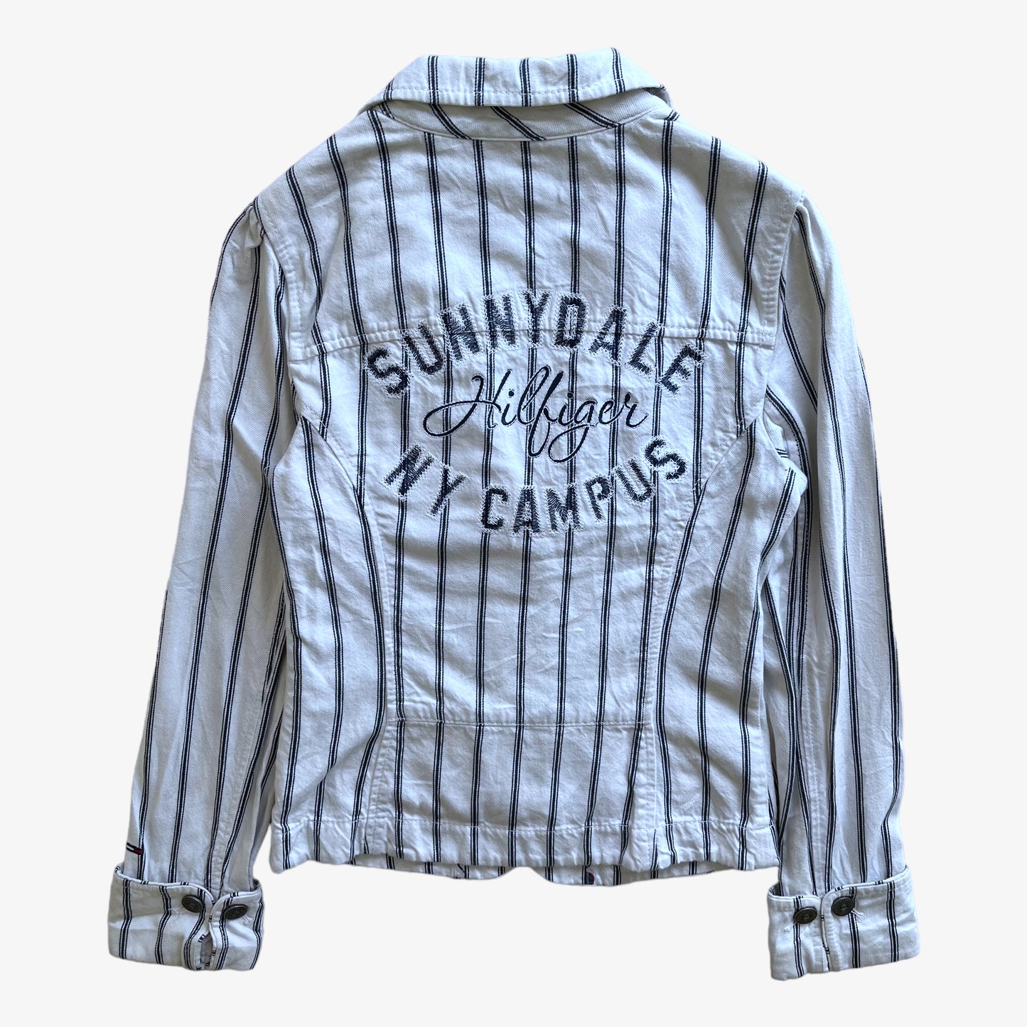 Vintage Y2K Womens Tommy Hilfiger Sunnydale NY Campus White And Blue Striped Blazer Back - Casspios Dream