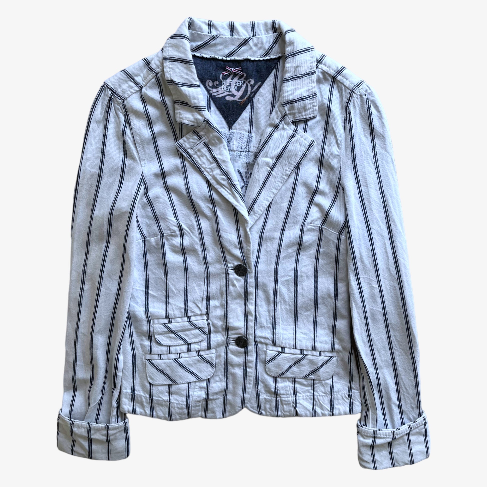 Vintage Y2K Womens Tommy Hilfiger Sunnydale NY Campus White And Blue Striped Blazer - Casspios Dream