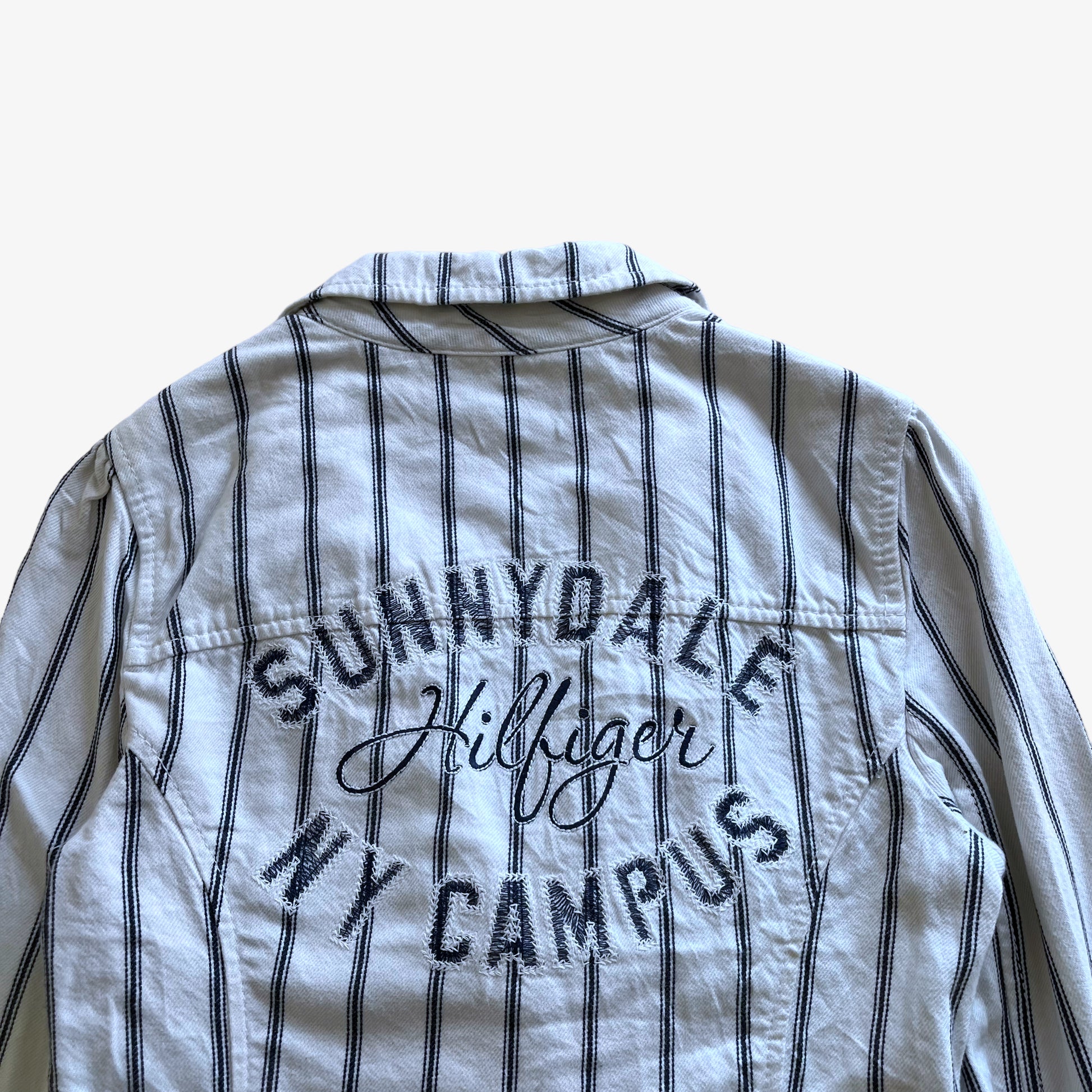 Vintage Y2K Womens Tommy Hilfiger Sunnydale NY Campus White And Blue Striped Blazer Logo - Casspios Dream