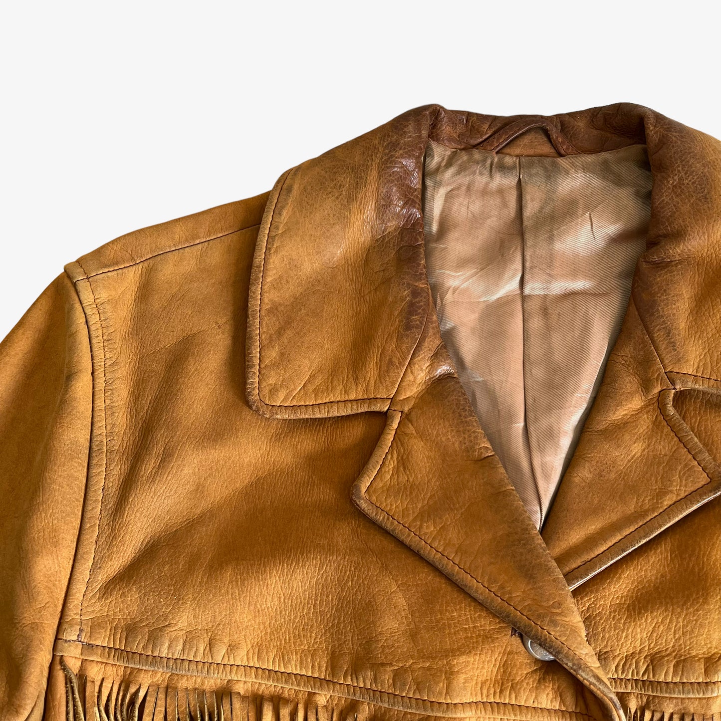 Vintage 1970s Womens Ohel Brown Leather Fringe Tassel Jacket Collar - Casspios Dream