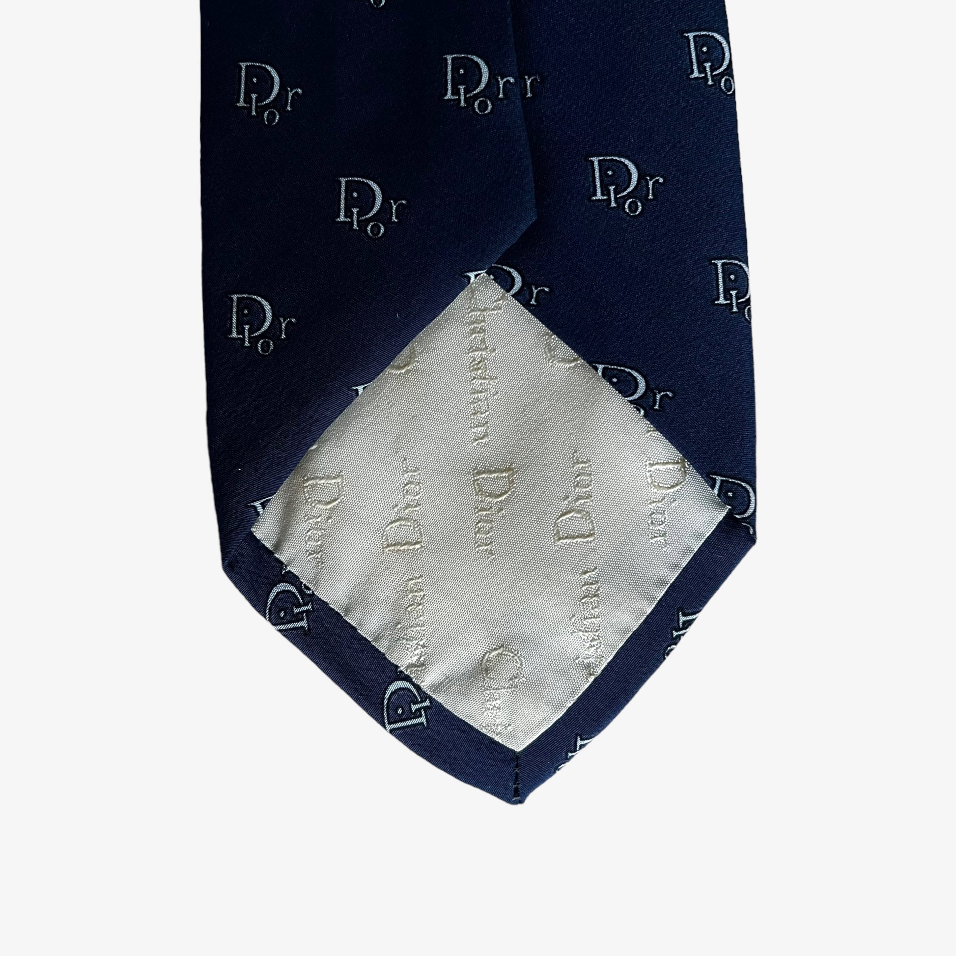 Vintage 1980s Christian Dior Monsieur Spell Out Navy Silk Tie Back Logo - Casspios Dream