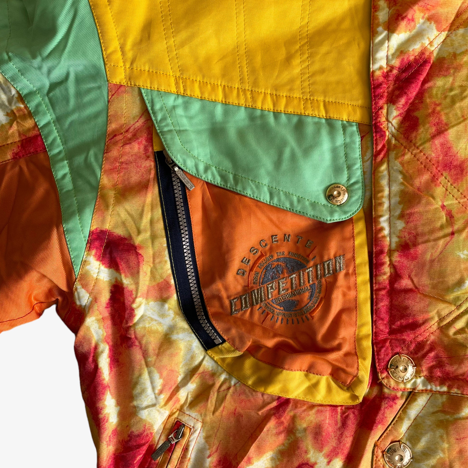 Vintage 1990s Descente Flame Print Quarter Zip Neon Vibrant Rave Ski Fleece Pocket - Casspios Dream