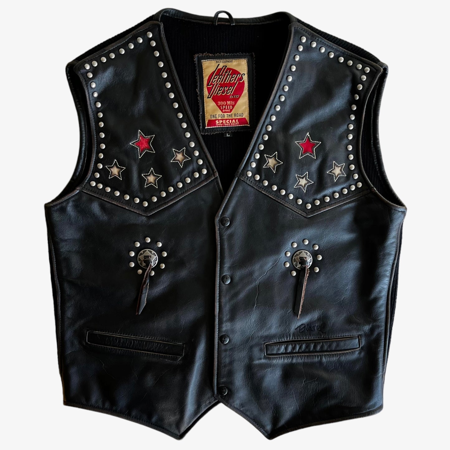 Vintage 1990s Diesel Star Studded Embroidered Black Leather Star Waistcoat - Casspios Dream