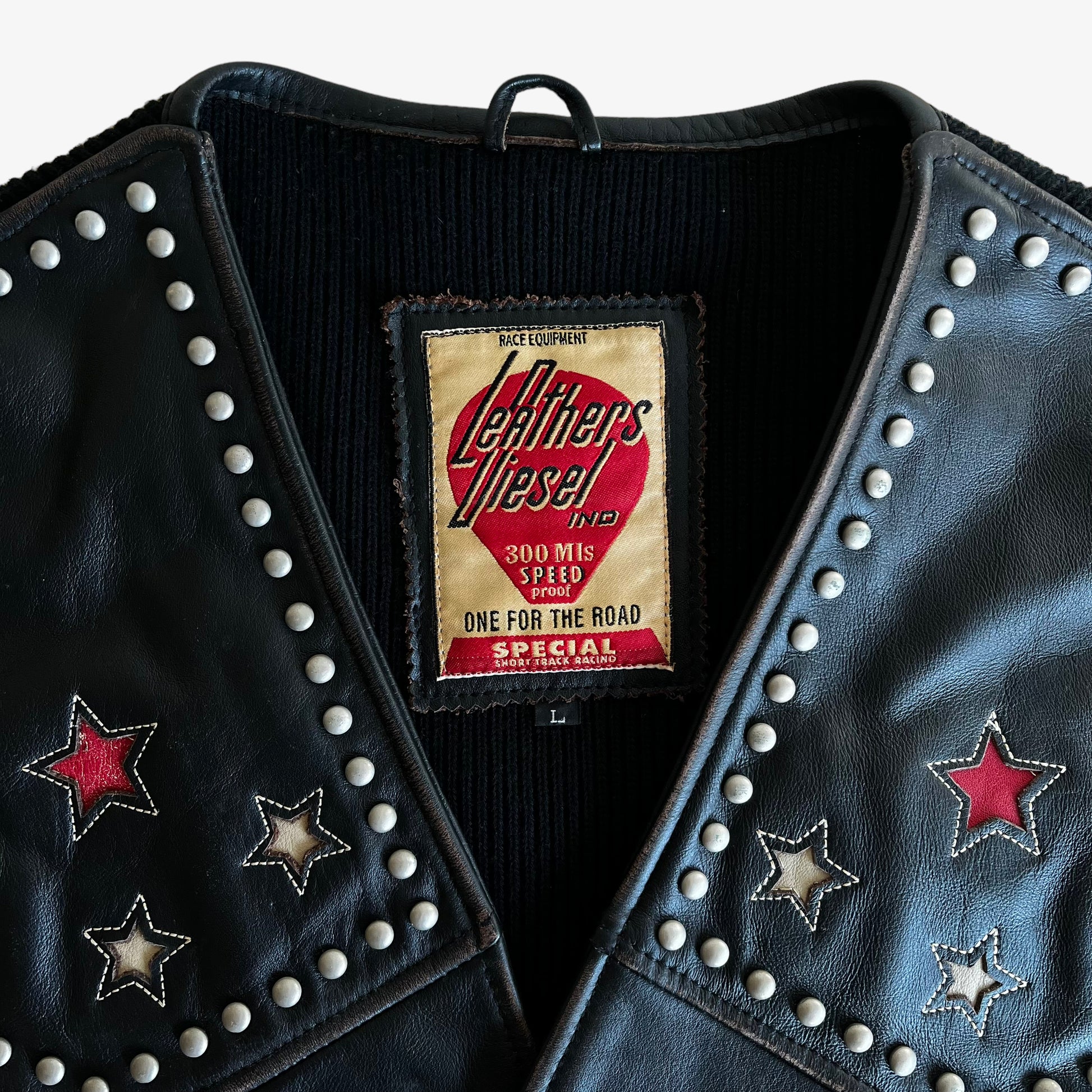 Vintage 1990s Diesel Star Studded Embroidered Black Leather Star Waistcoat Label - Casspios Dream