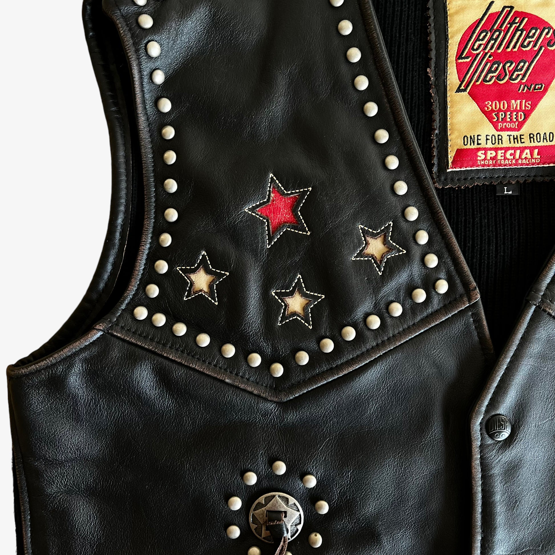 Vintage 1990s Diesel Star Studded Embroidered Black Leather Star Waistcoat Motif - Casspios Dream