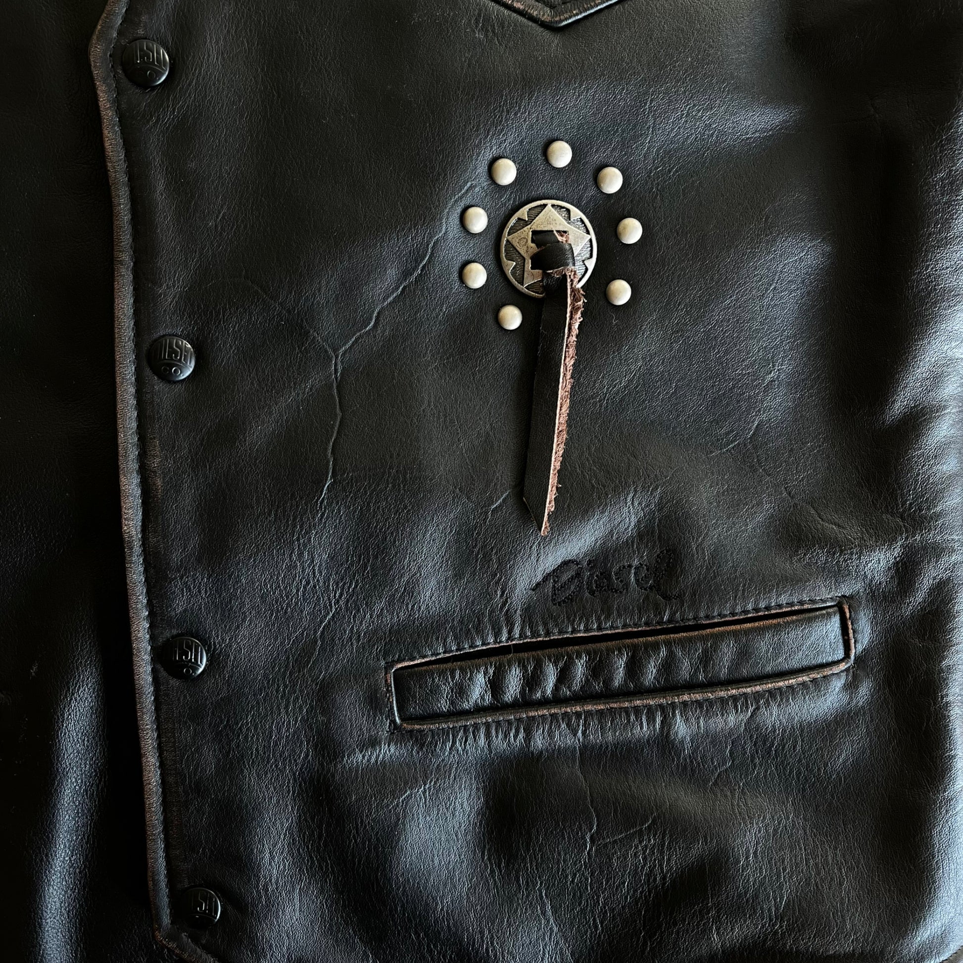 Vintage 1990s Diesel Star Studded Embroidered Black Leather Star Waistcoat Toggle - Casspios Dream