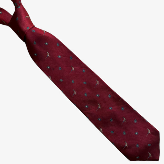 Vintage 80s Burberry London Pheasant Print Red Silk Tie - Casspios Dream