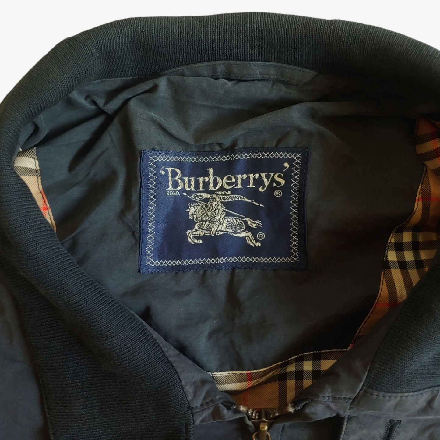 Vintage 80s Burberry Navy Bomber Jacket With Nova Check Lining Label - Casspios Dream