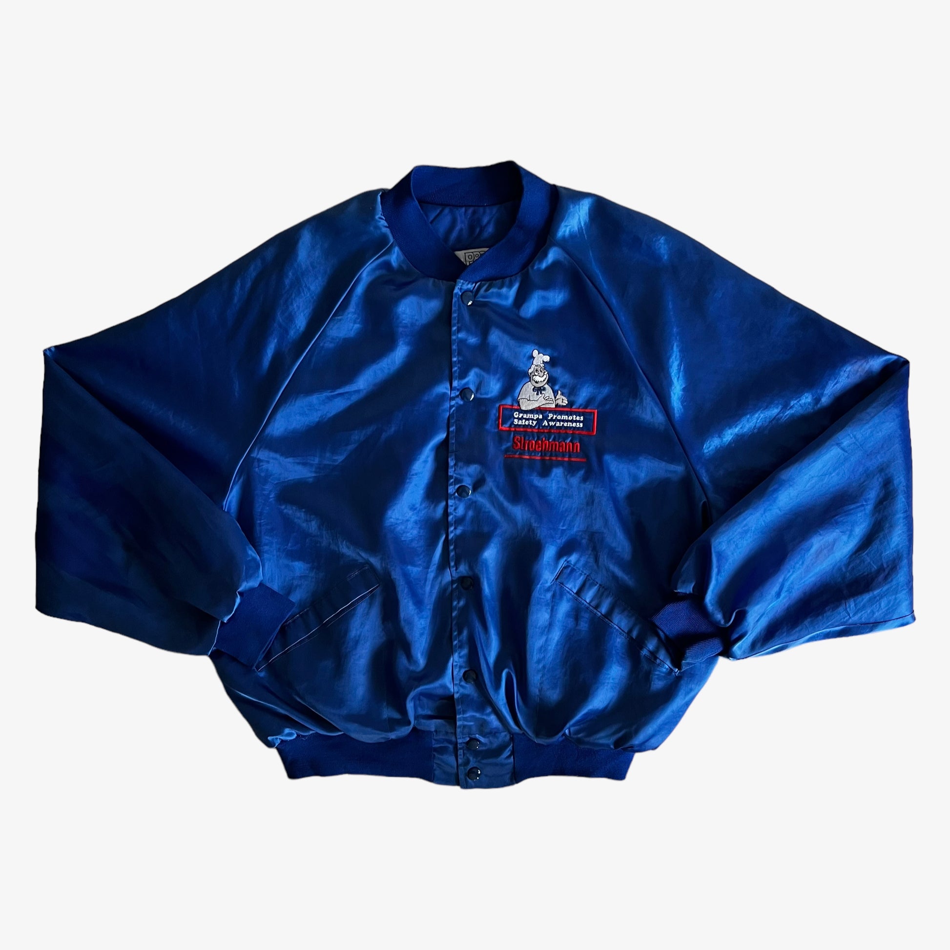 Vintage 80s King Louie Pro Fit Grampa Promotes Safety Awareness Blue Satin Jacket - Casspios Dream