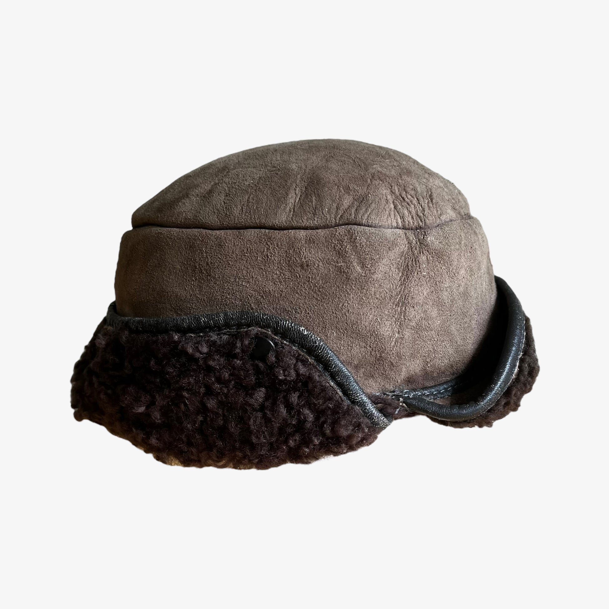 Vintage 80s Sheepskin Leather Suede Hat Side - Casspios Dream