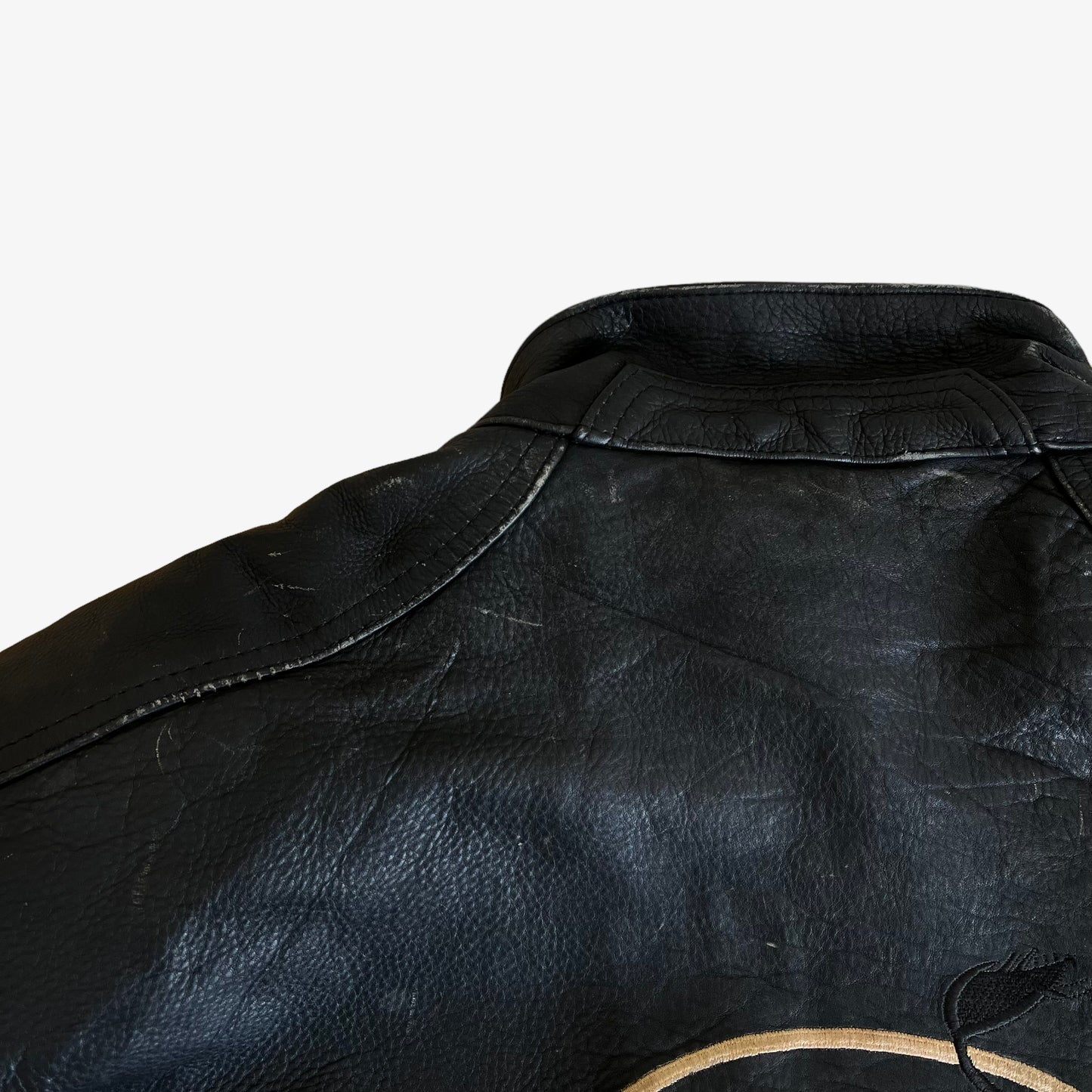 Vintage 90s Askara Paris Black Leather Biker Jacket With Big Back Embroidered Bull Collar - Casspios Dream