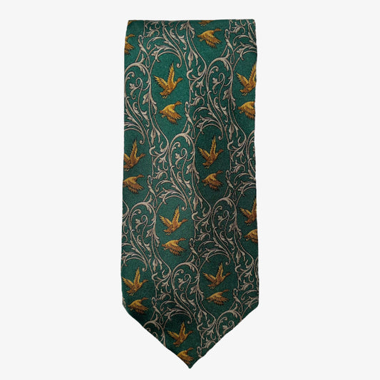 Vintage 90s Aston Martin Flying Goose Bird Green Silk Tie - Casspios Dream