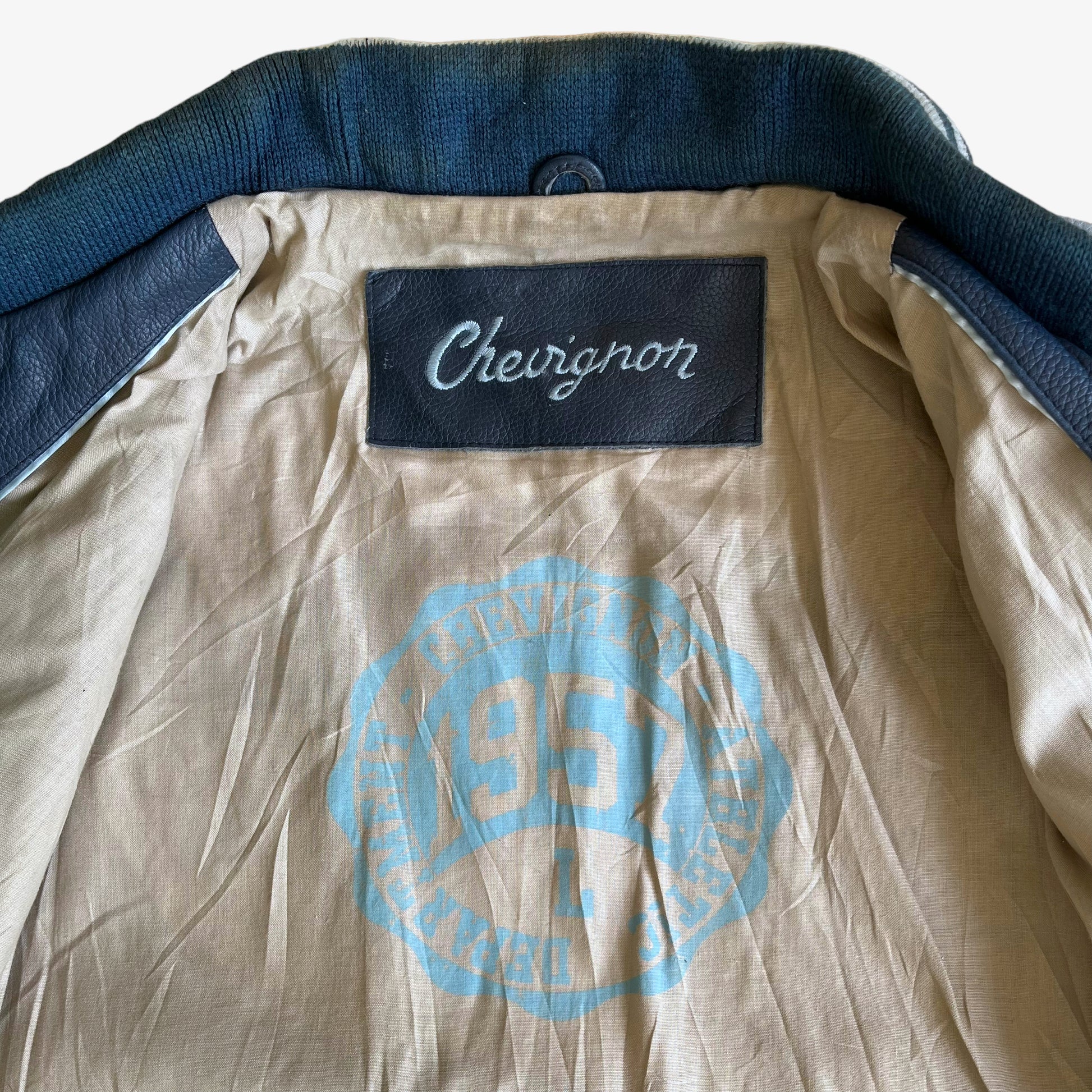 Vintage 90s Chevignon Champs Crew Blue Leather Varsity Jacket Label - Casspios Dream