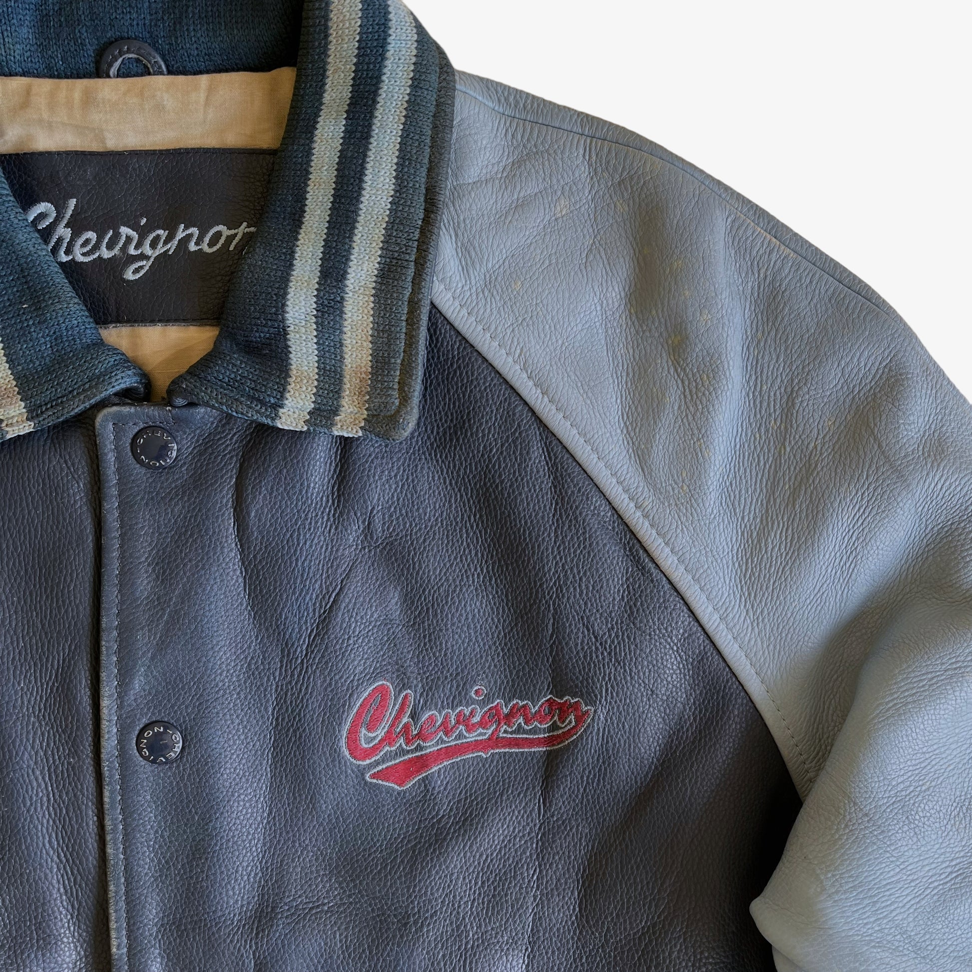 Vintage 90s Chevignon Champs Crew Blue Leather Varsity Jacket Logo - Casspios Dream