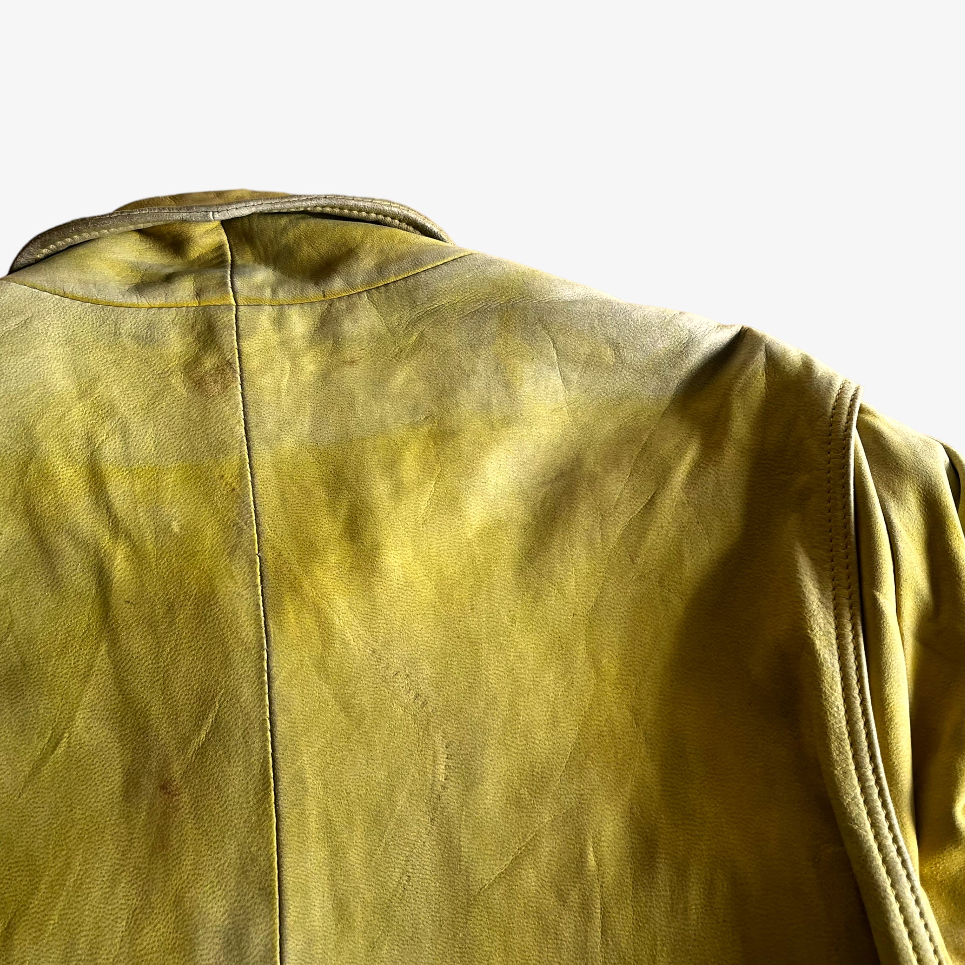 Vintage 90s Chevignon Yellow Leather Driving Jacket Back Wear - Casspios Dream