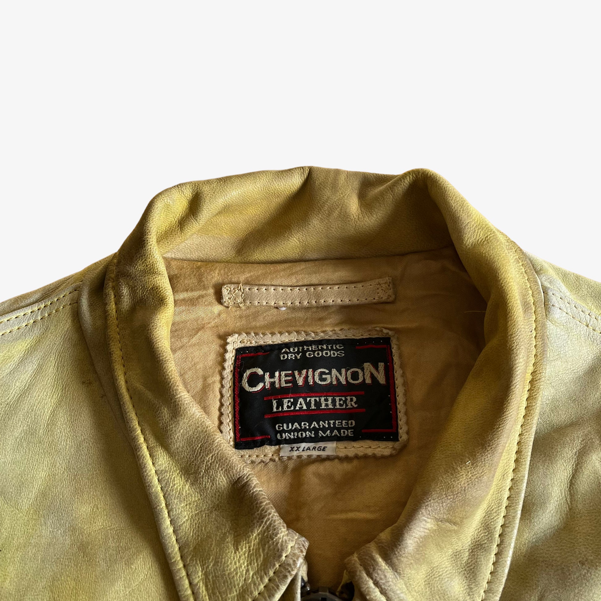 Vintage 90s Chevignon Yellow Leather Driving Jacket Label - Casspios Dream