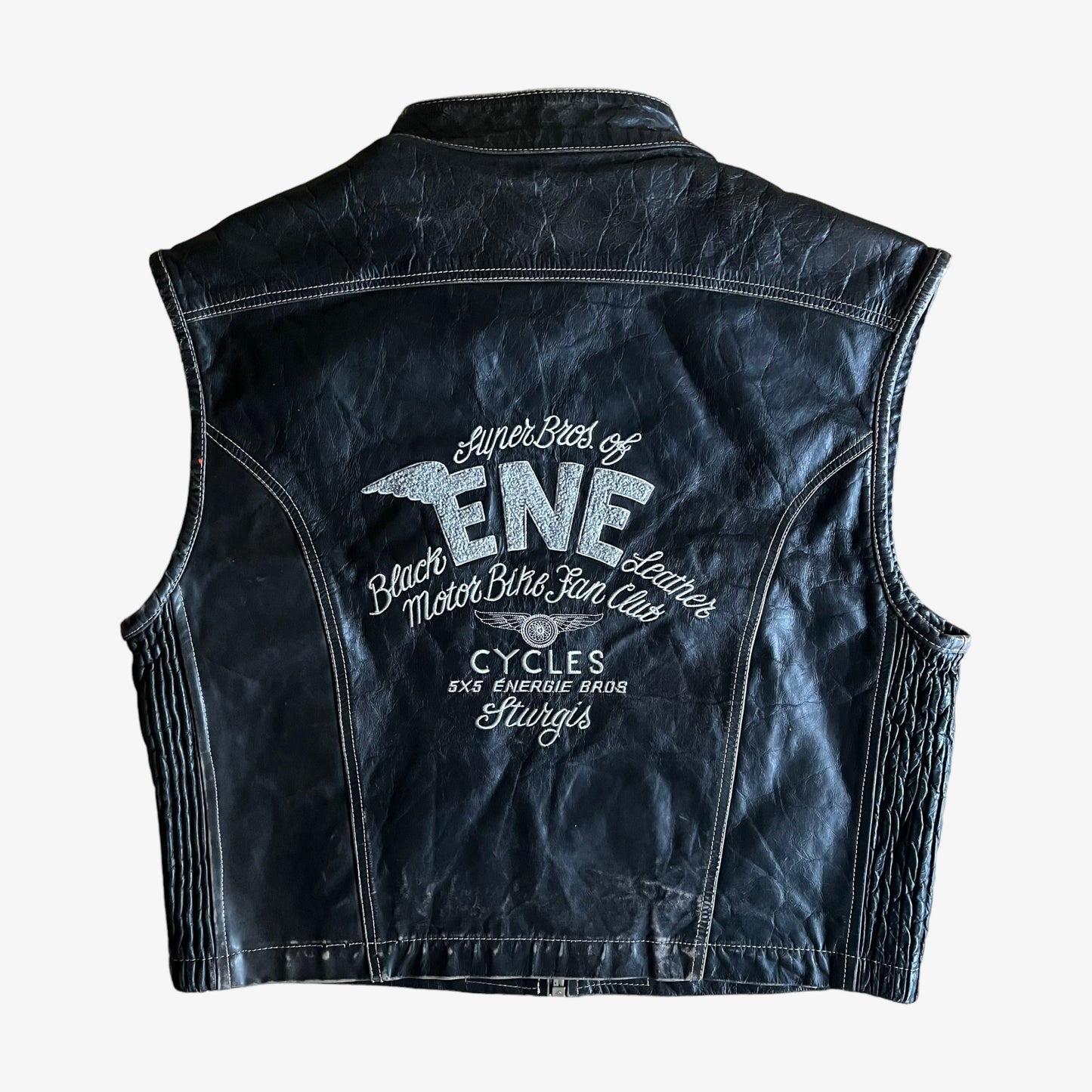 Vintage 90s Energie ENE3 Leather Biker Vest With Back Spell Out Back - Casspios Dream