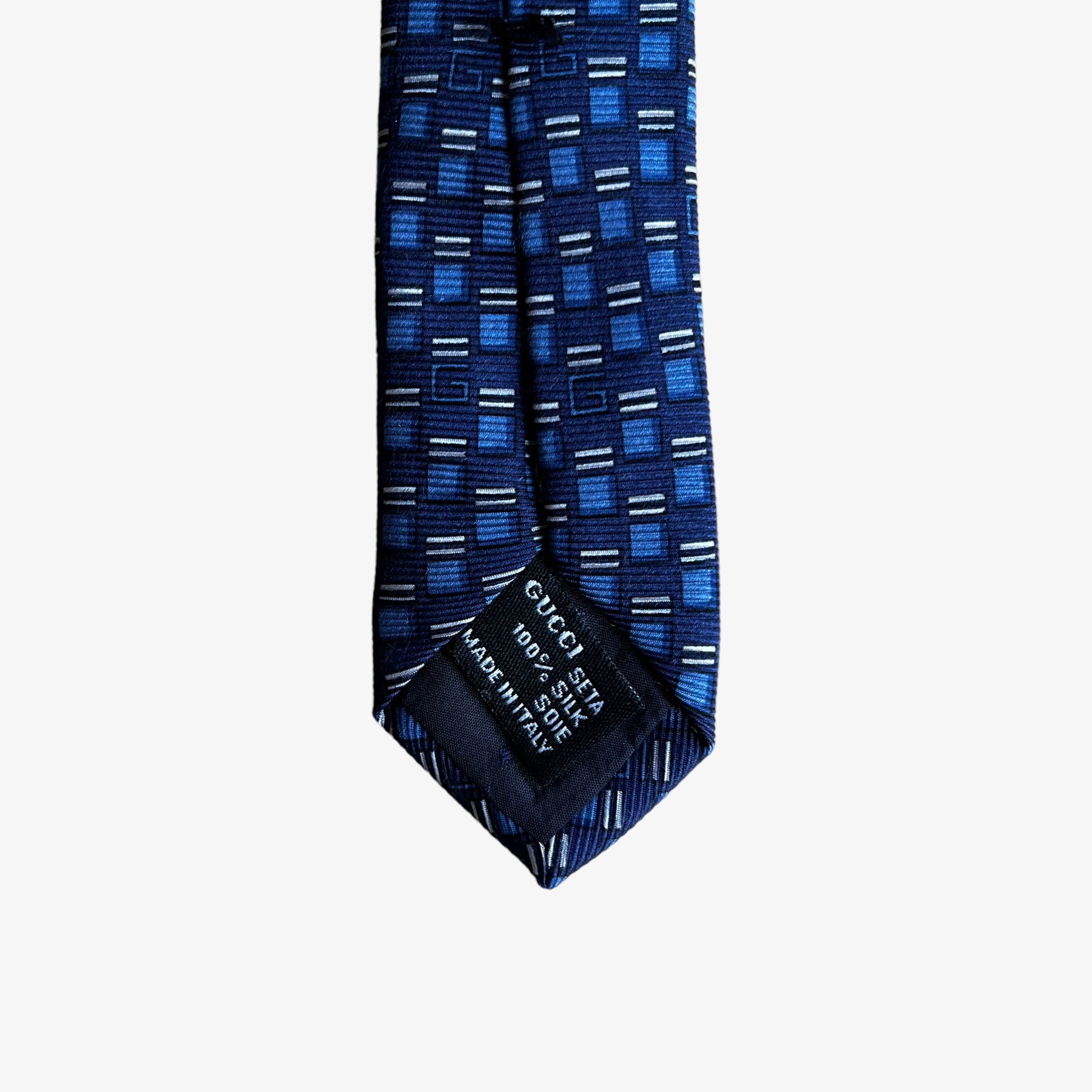 Vintage 90s Gucci Double G Geometric Monogram Blue Silk Tie Material - Casspios Dream
