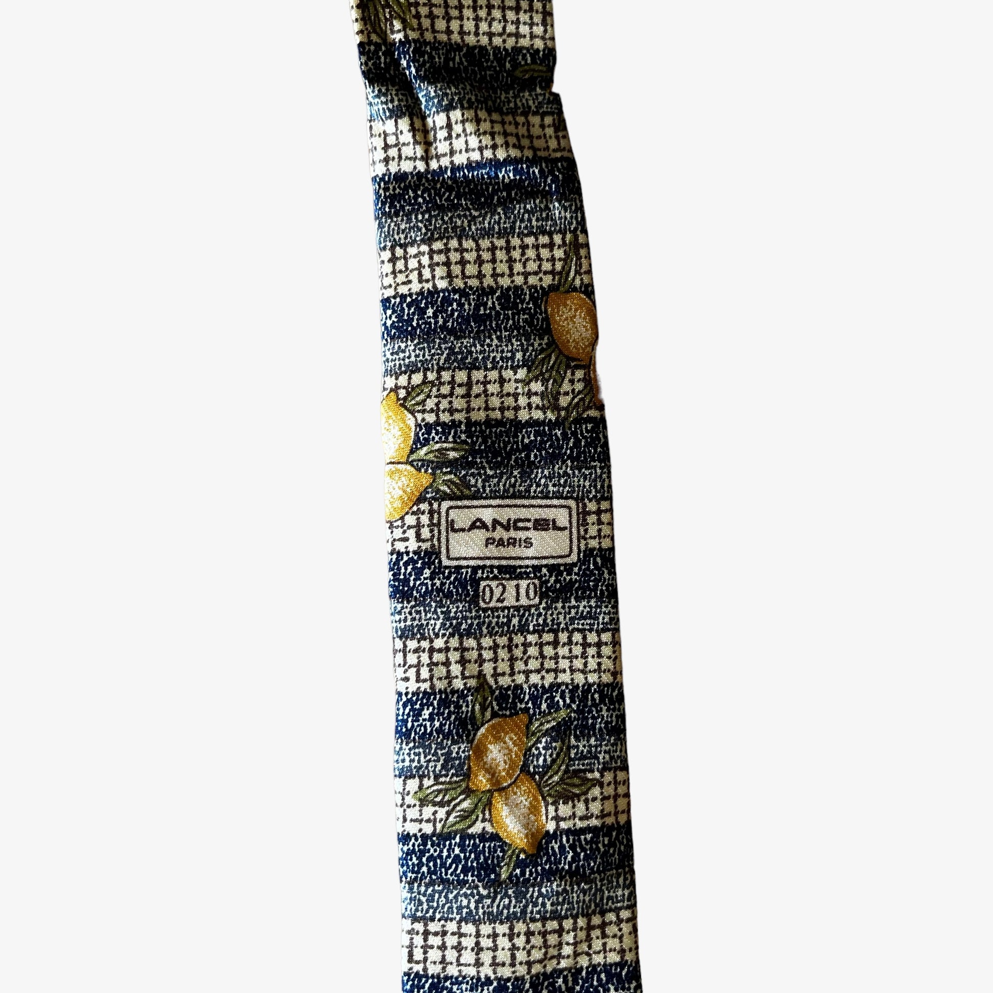 Vintage 90s Lancel Paris Lemon Tree Geometric Print Striped Silk Tie Logo - Casspios Dream