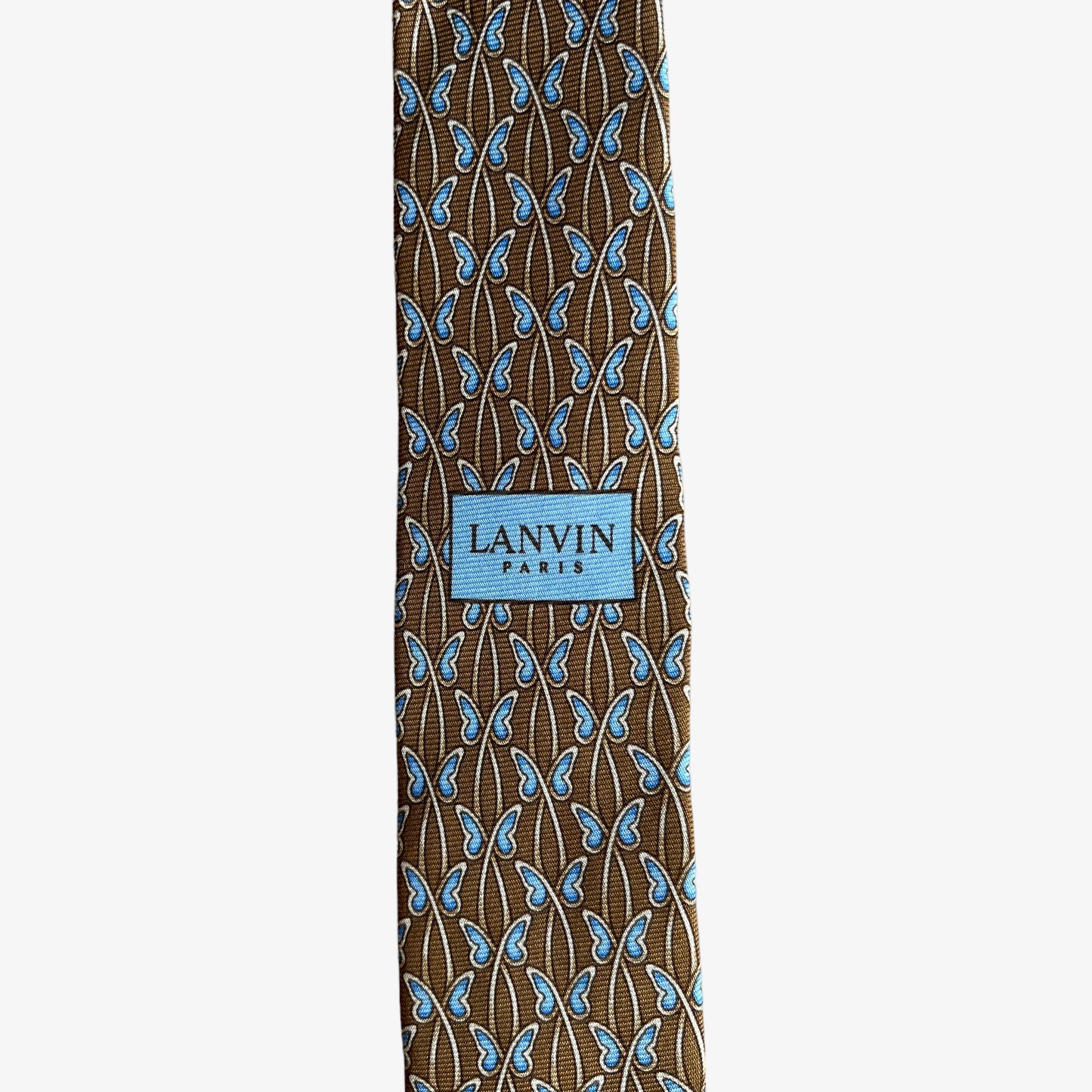 Vintage 90s Lanvin Blue Butterfly Print Gold Silk Tie Logo - Casspios Dream