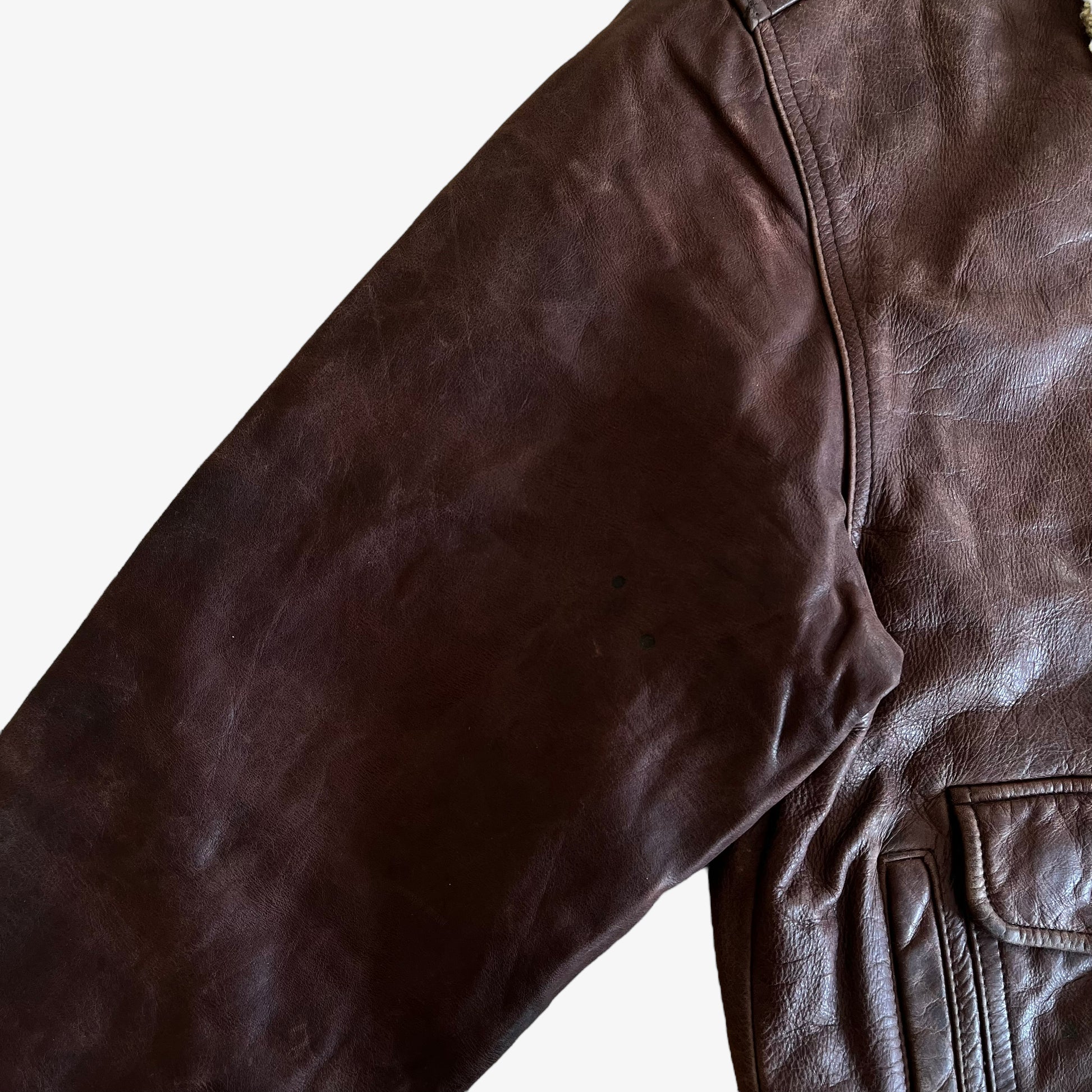 Vintage 90s Petroff West Air Sweden Brown Leather Pilot Jacket With Fur Collar Arm - Casspios Dream