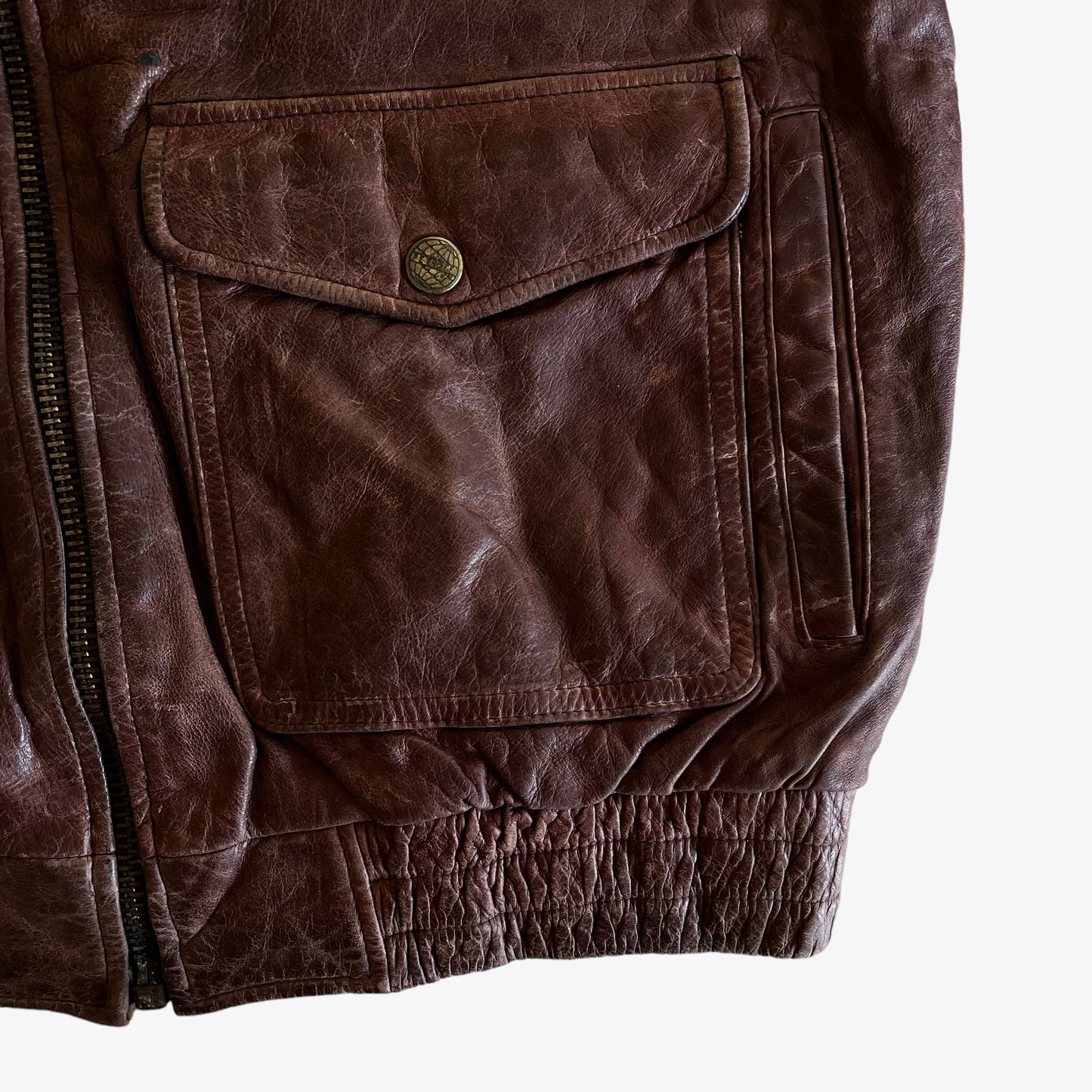 Vintage 90s Petroff West Air Sweden Brown Leather Pilot Jacket With Fur Collar Pocket - Casspios Dream