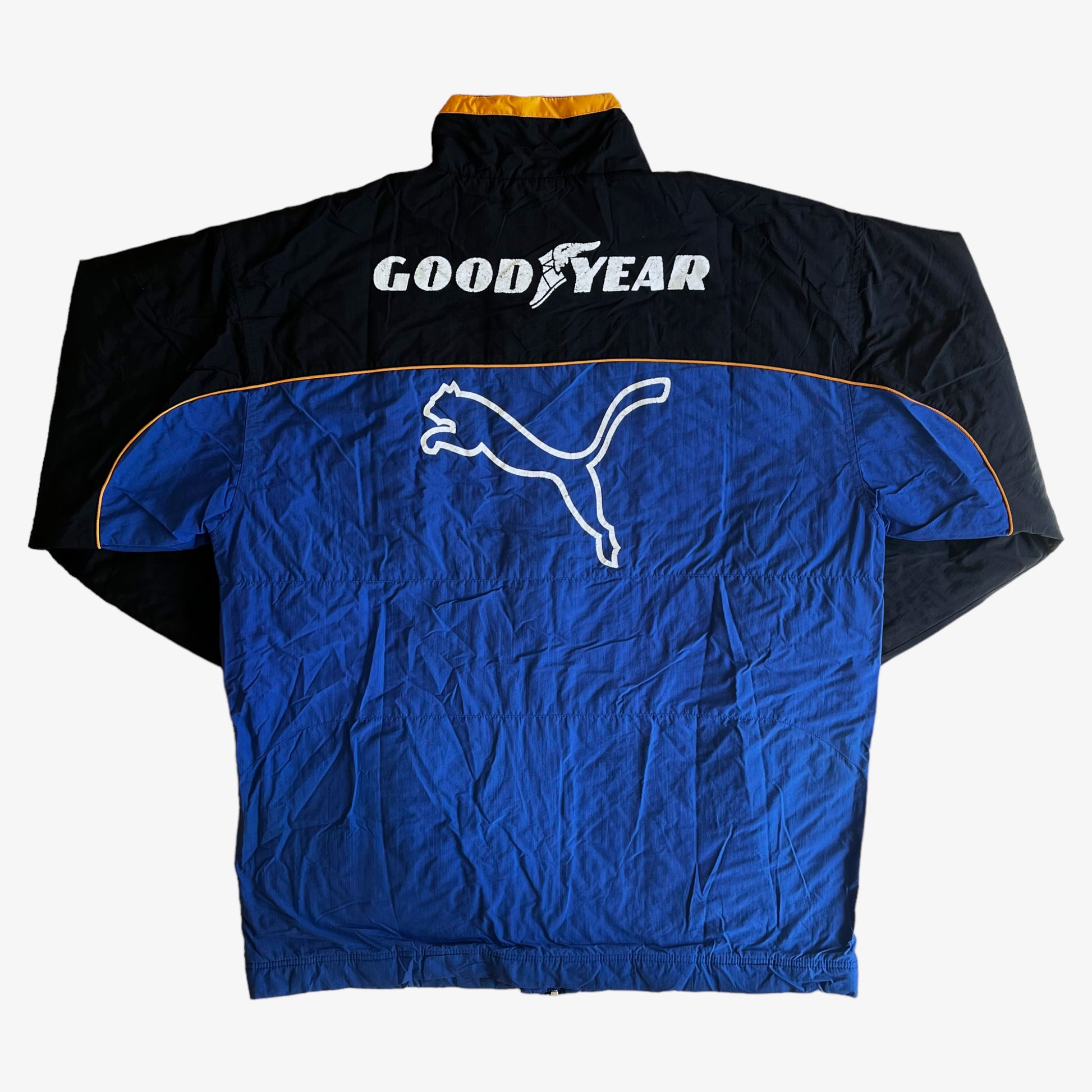 Vintage 90s Puma Wolverhampton Wanderers 1996 Blue Drill Coat With Big Spell Out Goodyear Back Logo Back - Casspios Dream