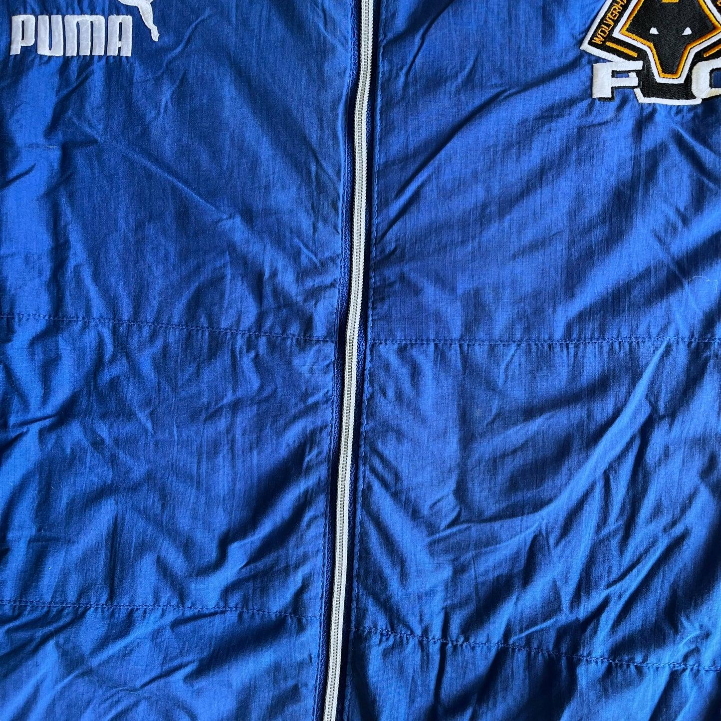 Vintage 90s Puma Wolverhampton Wanderers 1996 Blue Drill Coat With Big Spell Out Goodyear Back Logo Zip - Casspios Dream