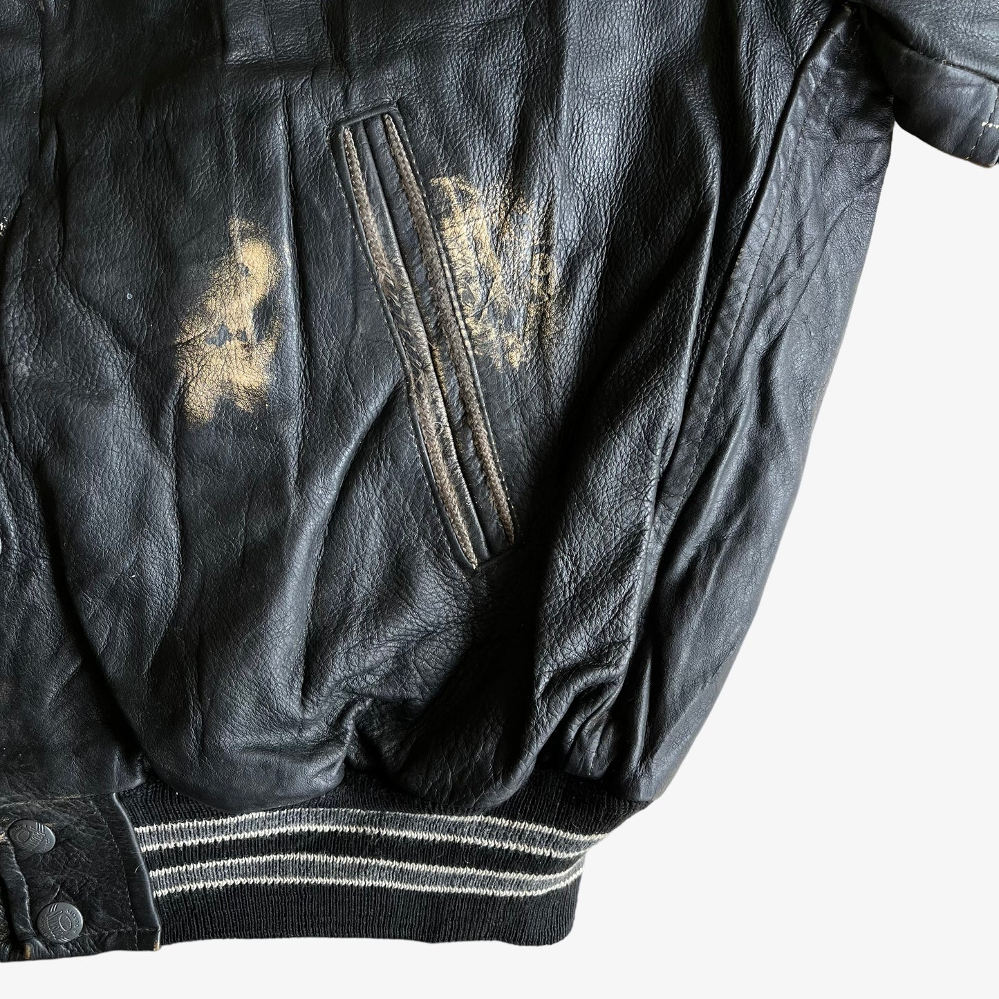 Vintage 90s Redskins Black Leather Varsity Jacket With Back Spell Out Pocket Wear - Casspios Dream