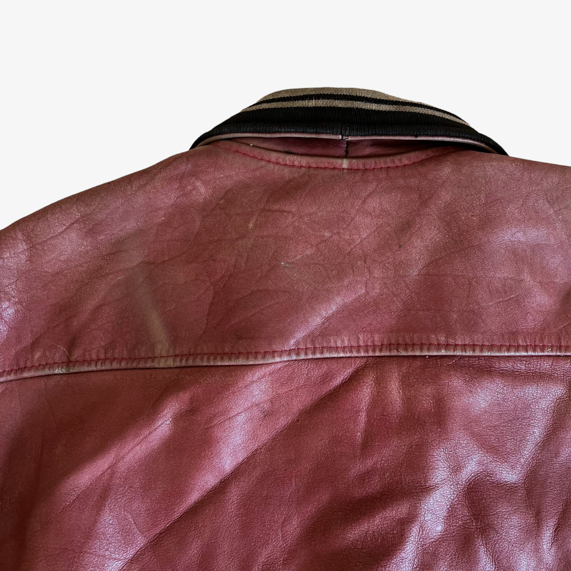 Vintage 90s Redskins Red Leather Teddy 93 Varsity Jacket Back Collar - Casspios Dream