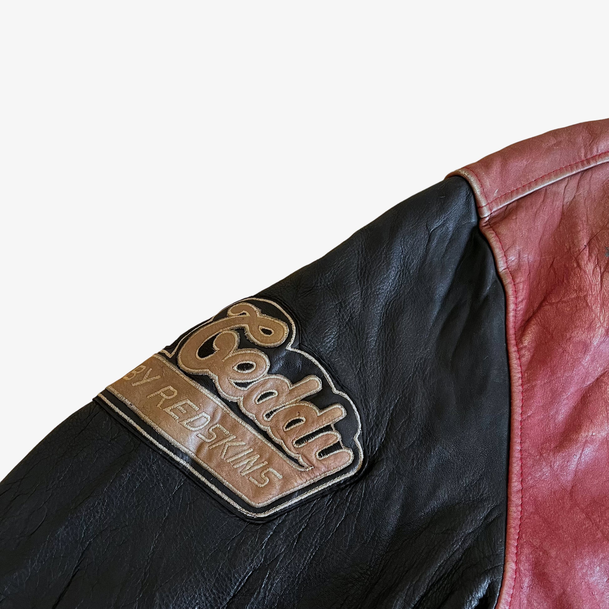 Vintage 90s Redskins Red Leather Teddy 93 Varsity Jacket Logo - Casspios Dream