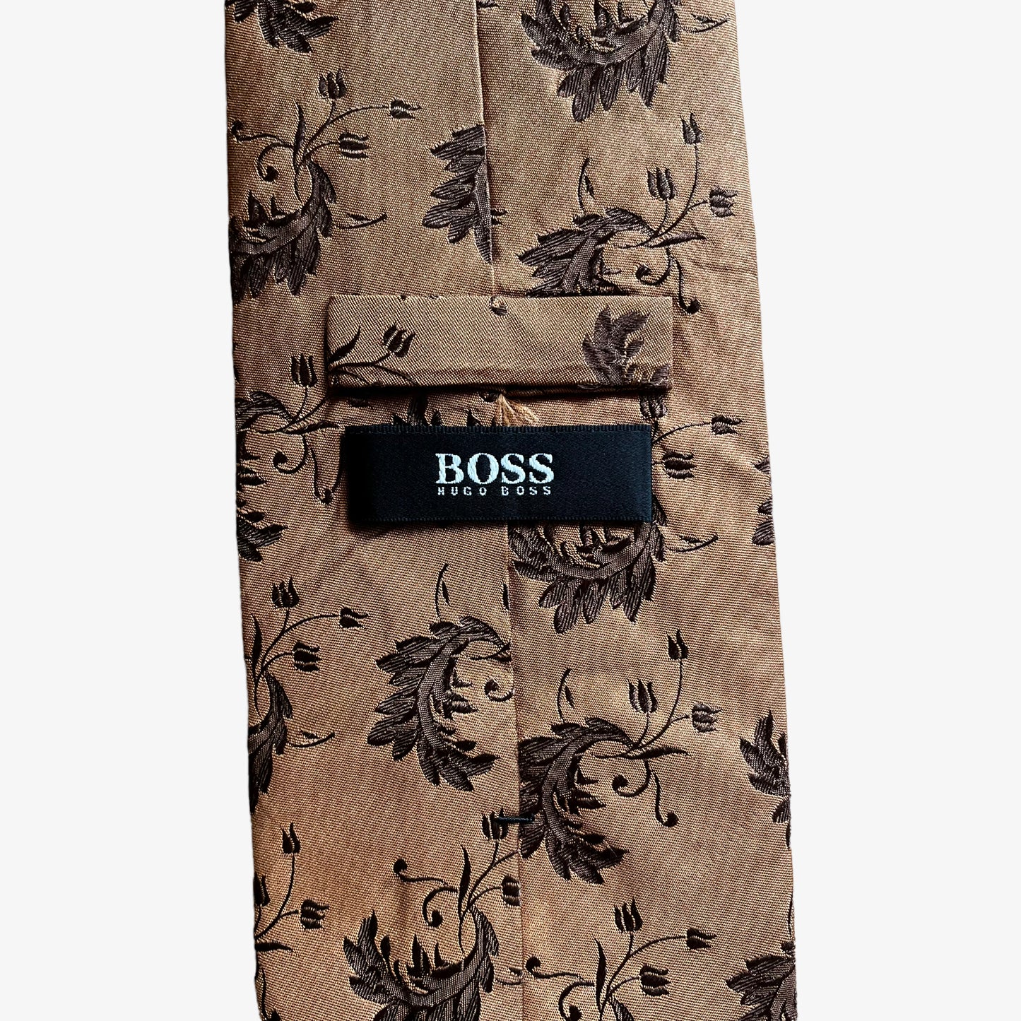 Vintage Y2K Hugo Boss Leaf Print Brown Silk Tie Label - Casspios Dream