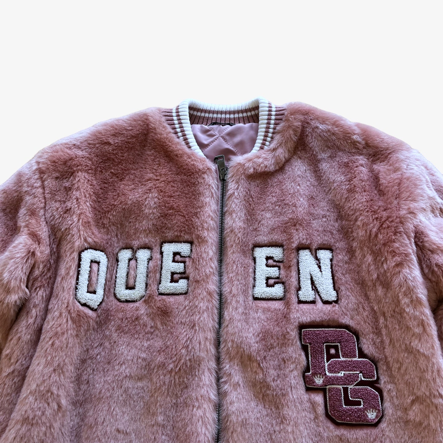 Womens Dolce & Gabbana Queen Faux Fur Pink Varsity Jacket Brand New With Tags Spell Out - Casspios Dream