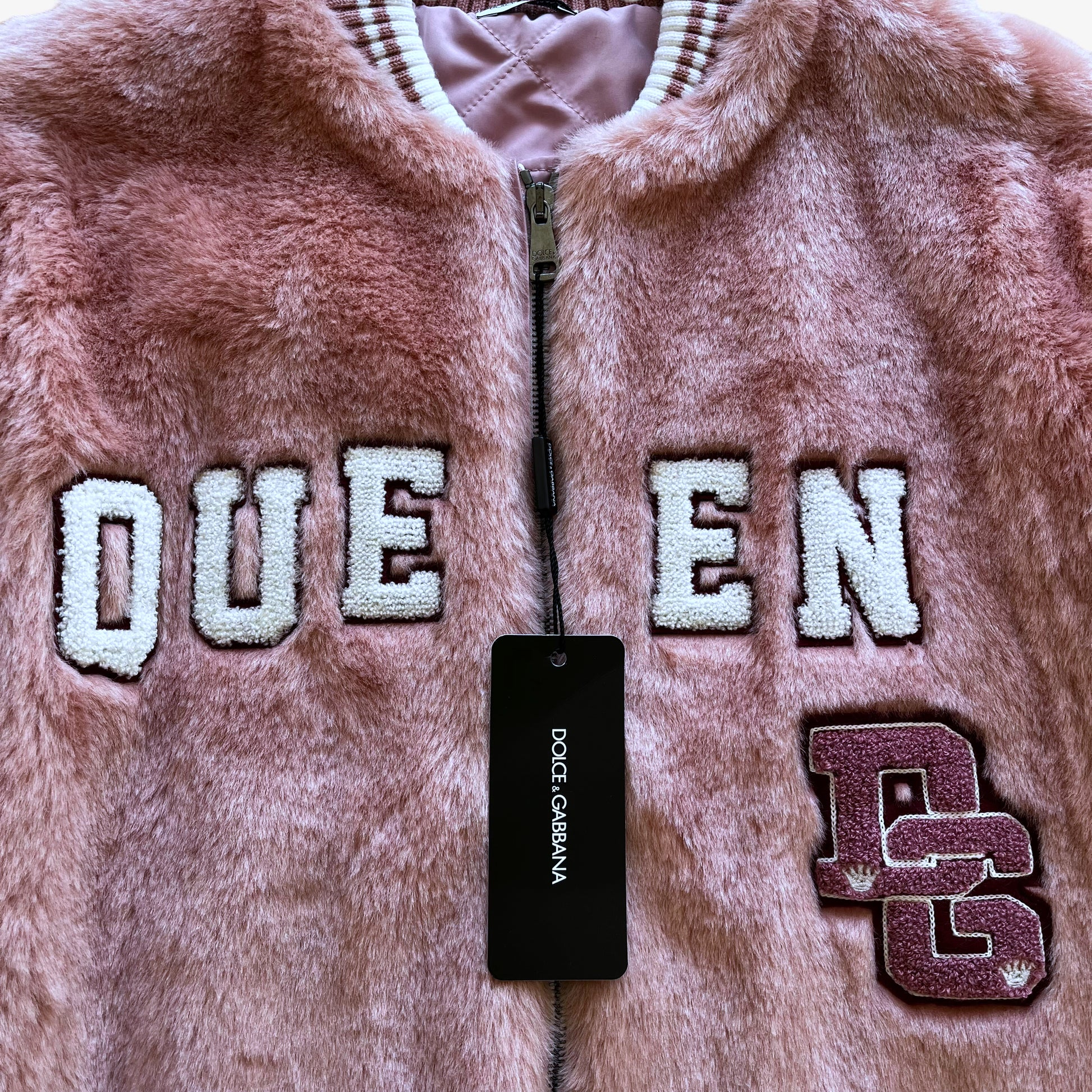 Womens Dolce & Gabbana Queen Faux Fur Pink Varsity Jacket Brand New With Tags Tagged - Casspios Dream