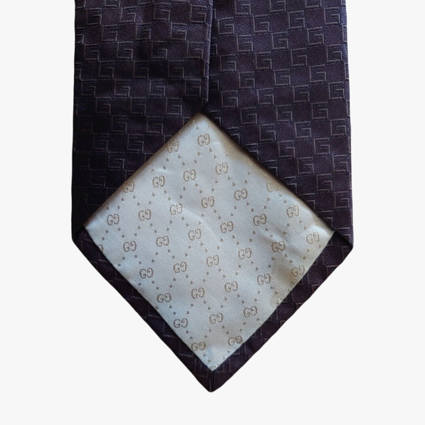 Vintage 90s Gucci Double G Geometric Monogram Brown Silk Tie Double GG - Casspios Dream
