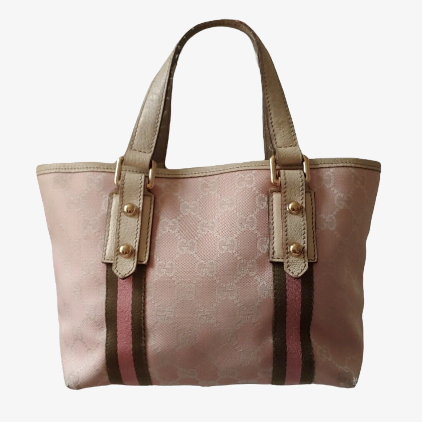 Gucci Pink/Beige GG Canvas and Leather Small Vintage Open Tote at